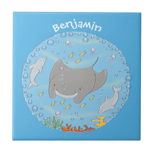 Cute manta ray and bubbles cartoon illustration ceramic tile