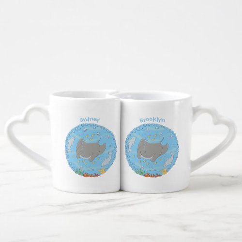 Cute manta ray and bubbles cartoon illustration coffee mug set