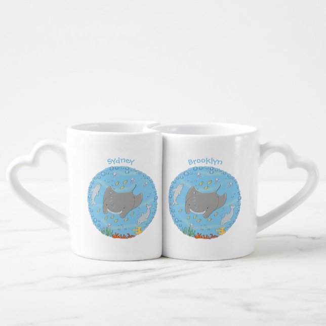 Cute manta ray and bubbles cartoon illustration coffee mug set (Back Nesting)