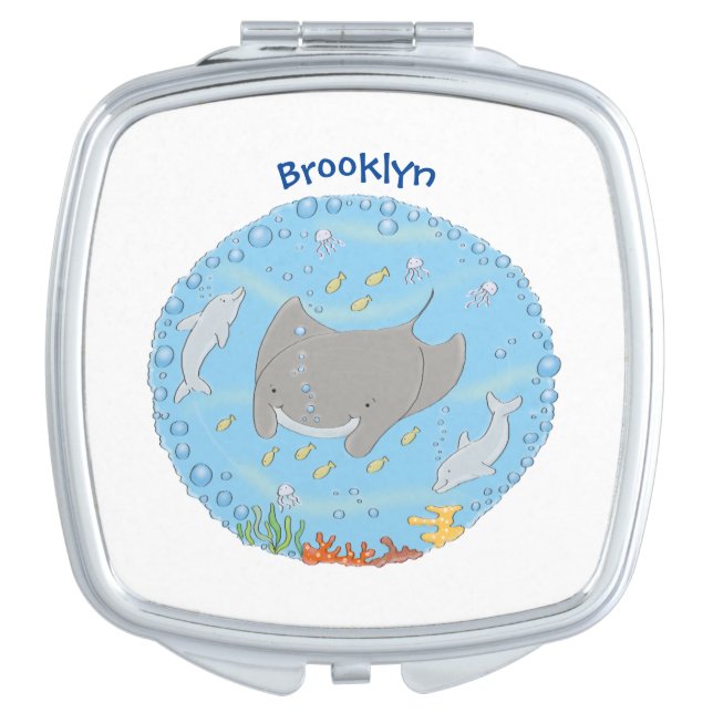 Cute manta ray and bubbles cartoon illustration compact mirror (Front)