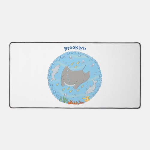 Cute manta ray and bubbles cartoon illustration desk mat