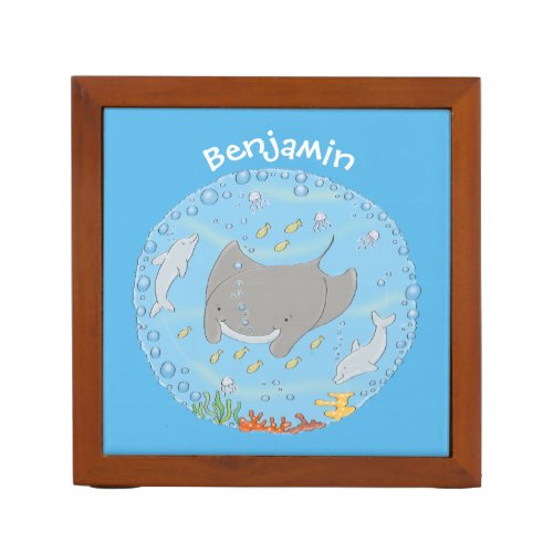 Cute manta ray and bubbles cartoon illustration desk organizer