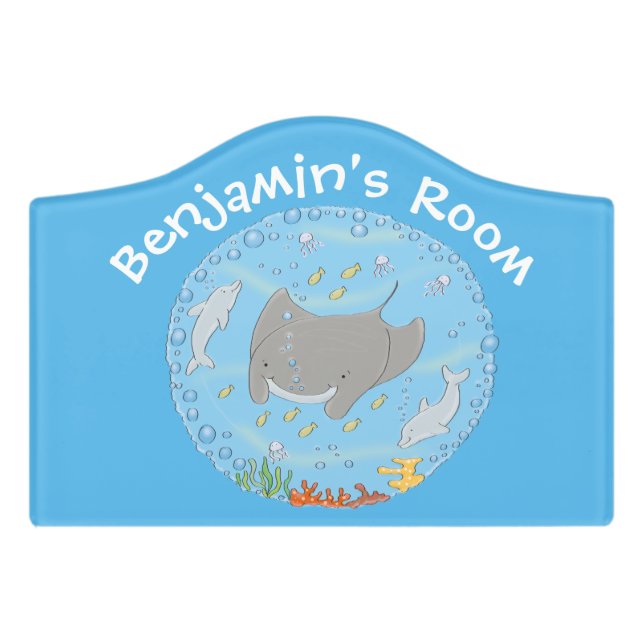 Cute manta ray and bubbles cartoon illustration door sign (Small Crest Front)