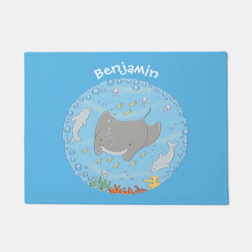 Cute manta ray and bubbles cartoon illustration doormat