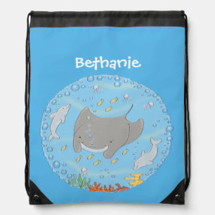Cute manta ray and bubbles cartoon illustration drawstring bag
