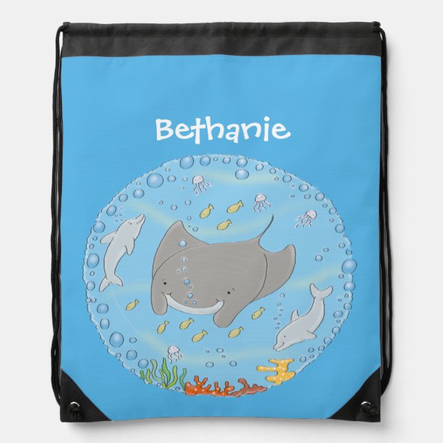Cute manta ray and bubbles cartoon illustration drawstring bag (Front)
