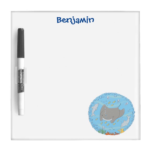 Cute manta ray and bubbles cartoon illustration dry erase board (Front)