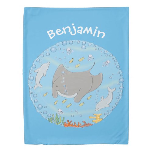 Cute manta ray and bubbles cartoon illustration duvet cover