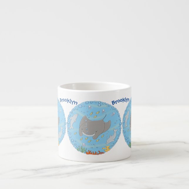 Cute manta ray and bubbles cartoon illustration espresso cup (Front)