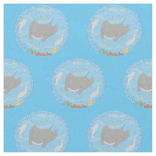 Cute manta ray and bubbles cartoon illustration fabric