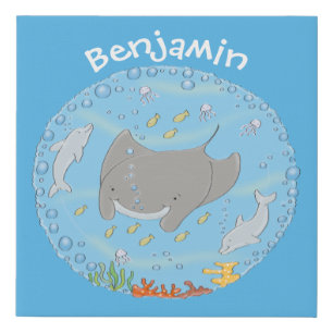 Cute manta ray and bubbles cartoon illustration faux canvas print
