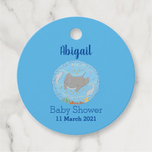 Cute manta ray and bubbles cartoon illustration  favor tags