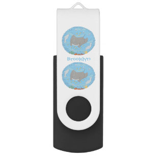 Cute manta ray and bubbles cartoon illustration flash drive