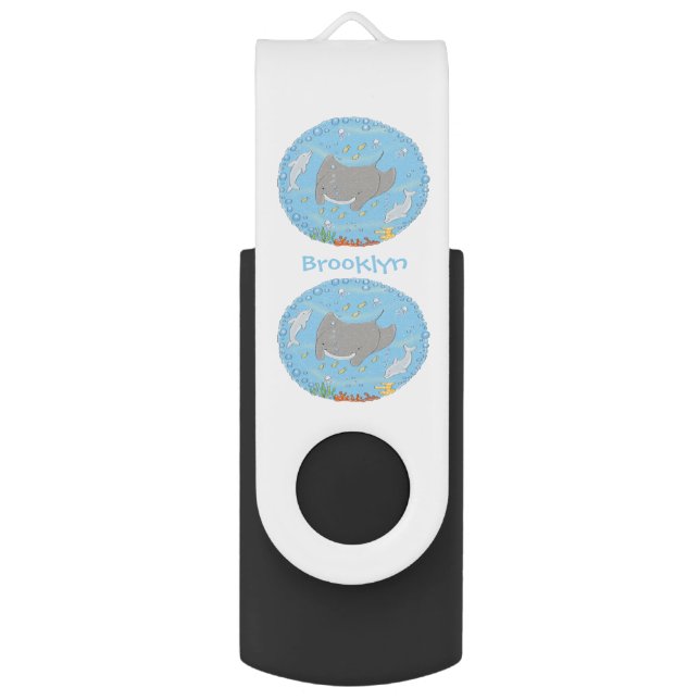Cute manta ray and bubbles cartoon illustration flash drive (Front Vertical)