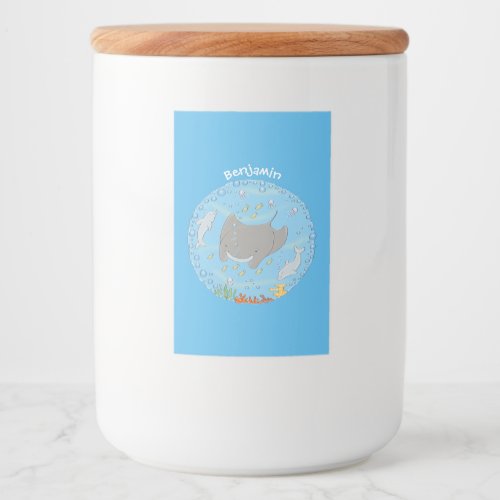 Cute manta ray and bubbles cartoon illustration food label