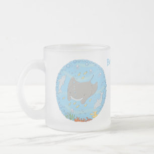 Cute manta ray and bubbles cartoon illustration frosted glass coffee mug