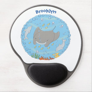 Cute manta ray and bubbles cartoon illustration gel mouse pad