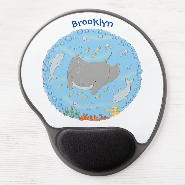 Cute manta ray and bubbles cartoon illustration  gel mouse pad (Front)