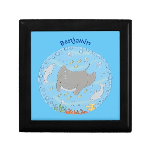 Cute manta ray and bubbles cartoon illustration gift box