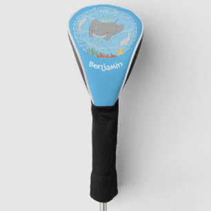 Cute manta ray and bubbles cartoon illustration golf head cover