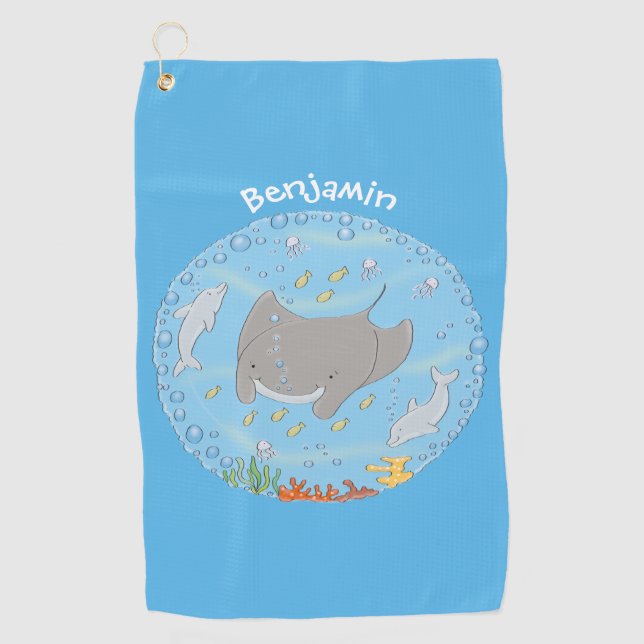 Cute manta ray and bubbles cartoon illustration golf towel (Front)