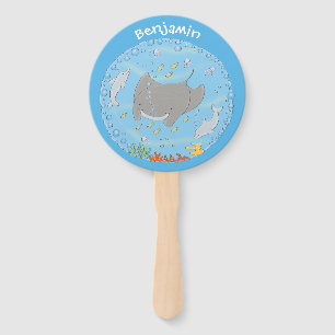 Cute manta ray and bubbles cartoon illustration hand fan