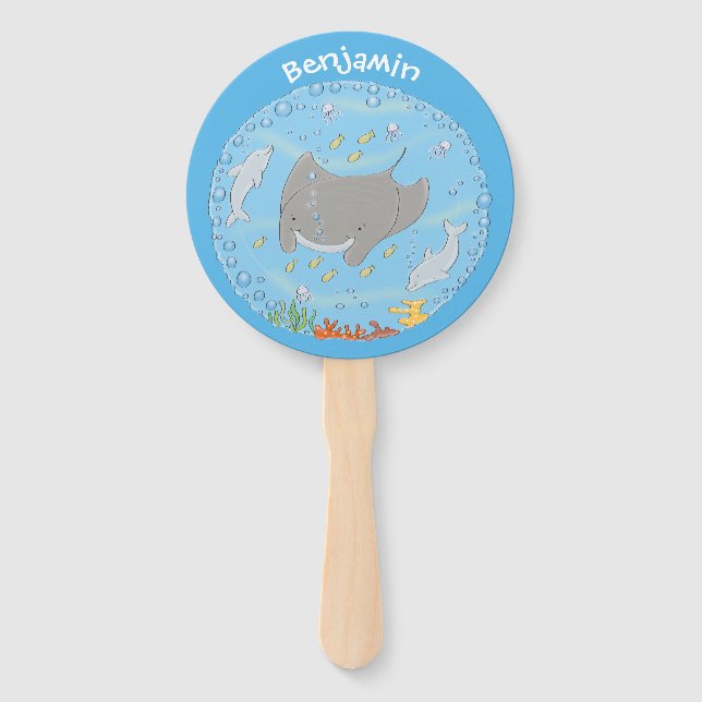 Cute manta ray and bubbles cartoon illustration hand fan (Front)