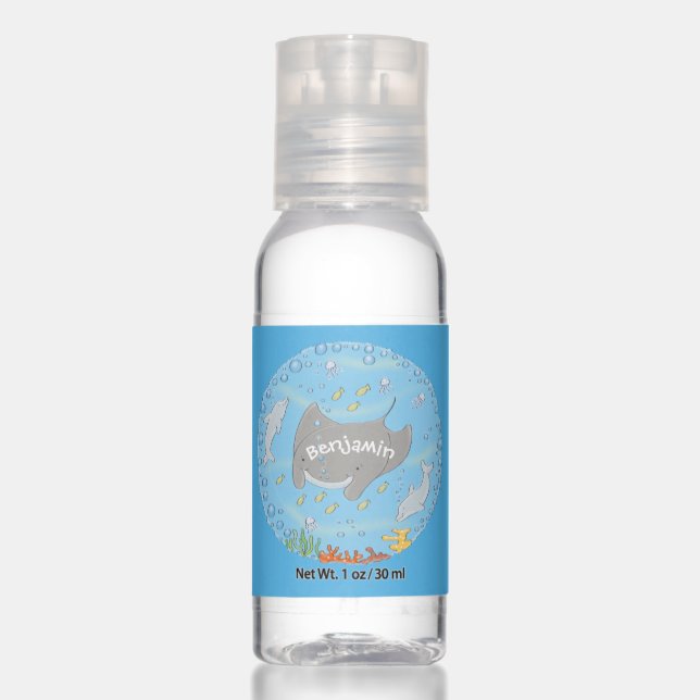 Cute manta ray and bubbles cartoon illustration hand sanitizer (Front)