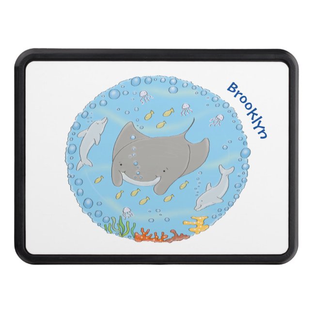 Cute manta ray and bubbles cartoon illustration hitch cover (Front)