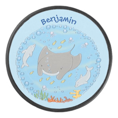 Cute manta ray and bubbles cartoon illustration hockey puck