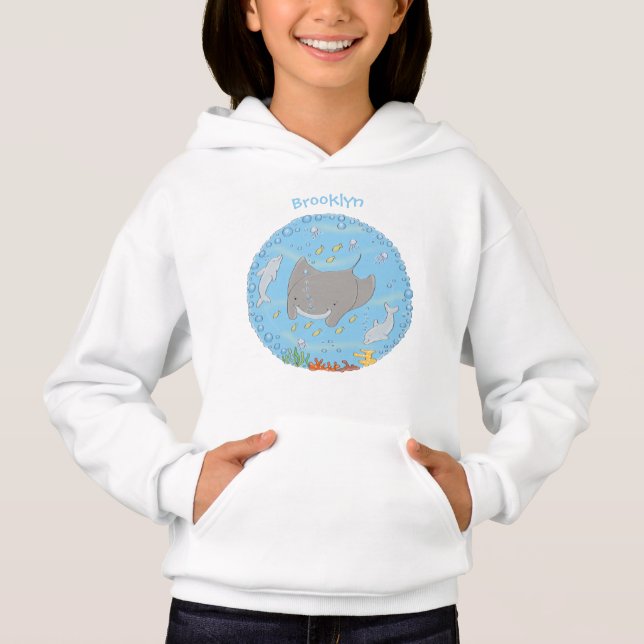 Cute manta ray and bubbles cartoon illustration hoodie (Front)