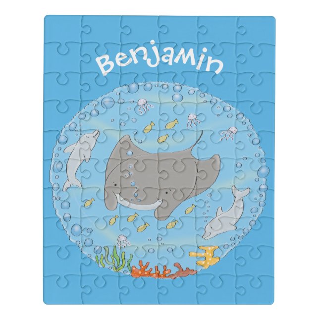 Cute manta ray and bubbles cartoon illustration jigsaw puzzle (Puzzle Vertical)