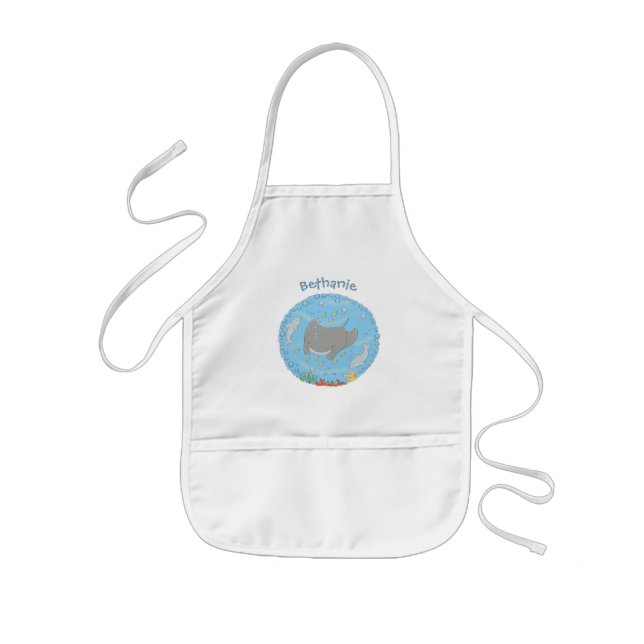 Cute manta ray and bubbles cartoon illustration kids' apron (Front)