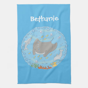 Cute manta ray and bubbles cartoon illustration kitchen towel