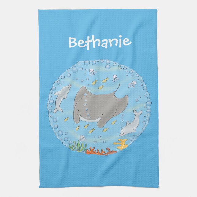 Cute manta ray and bubbles cartoon illustration kitchen towel (Vertical)