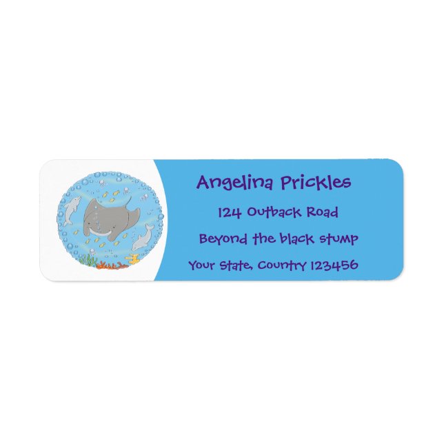 Cute manta ray and bubbles cartoon illustration label (Front)