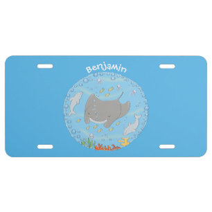 Cute manta ray and bubbles cartoon illustration license plate