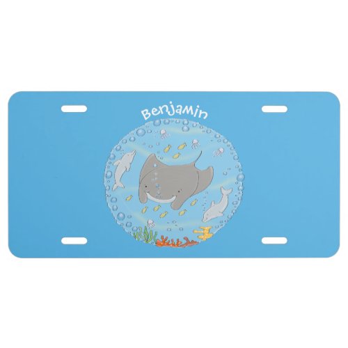 Cute manta ray and bubbles cartoon illustration license plate