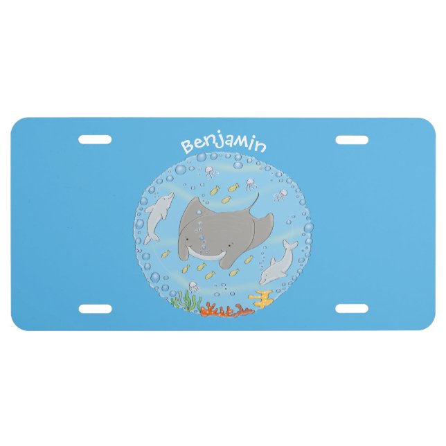 Cute manta ray and bubbles cartoon illustration license plate (Front)