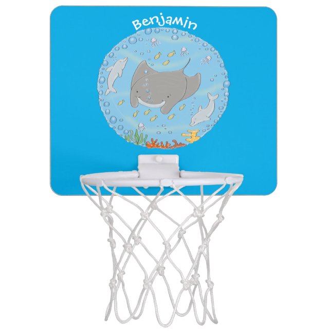 Cute manta ray and bubbles cartoon illustration mini basketball hoop (Front)