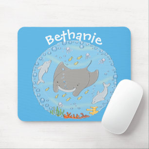 Cute manta ray and bubbles cartoon illustration mouse pad