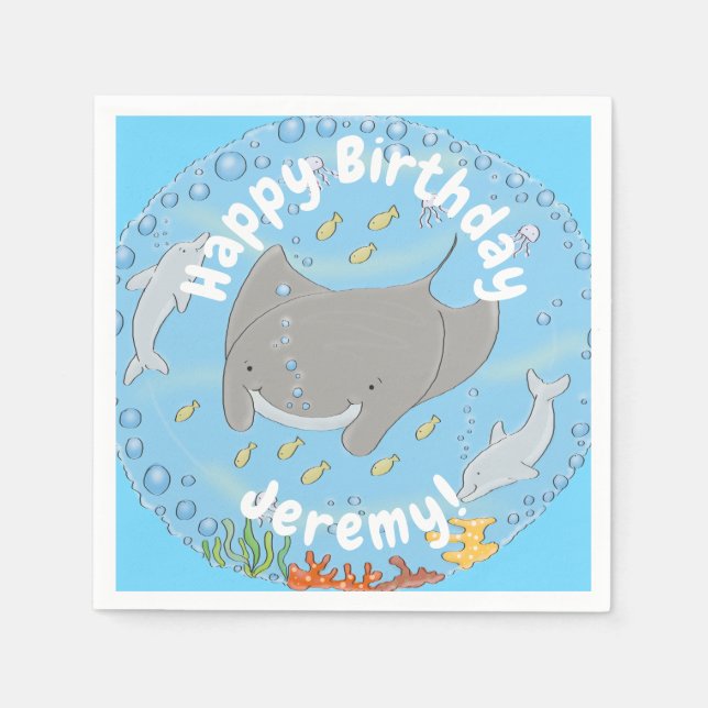 Cute manta ray and bubbles cartoon illustration napkins (Front)