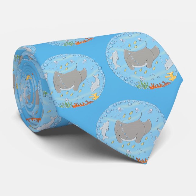 Cute manta ray and bubbles cartoon illustration neck tie (Rolled)