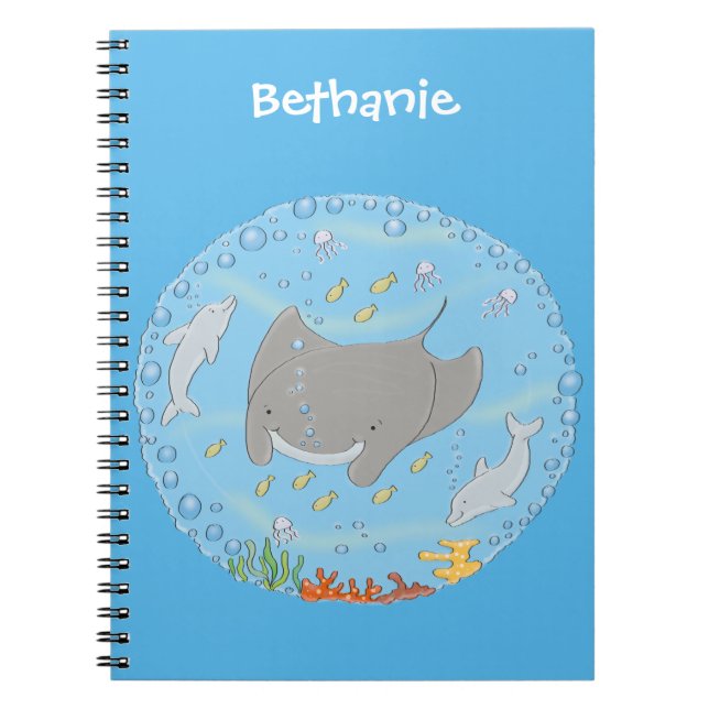 Cute manta ray and bubbles cartoon illustration notebook (Front)