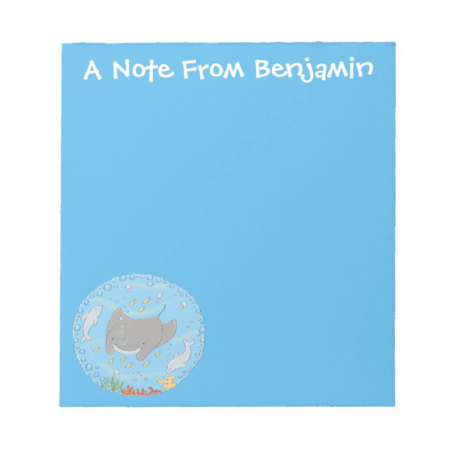 Cute manta ray and bubbles cartoon illustration notepad (Front)