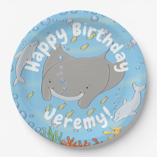 Cute manta ray and bubbles cartoon illustration paper plates