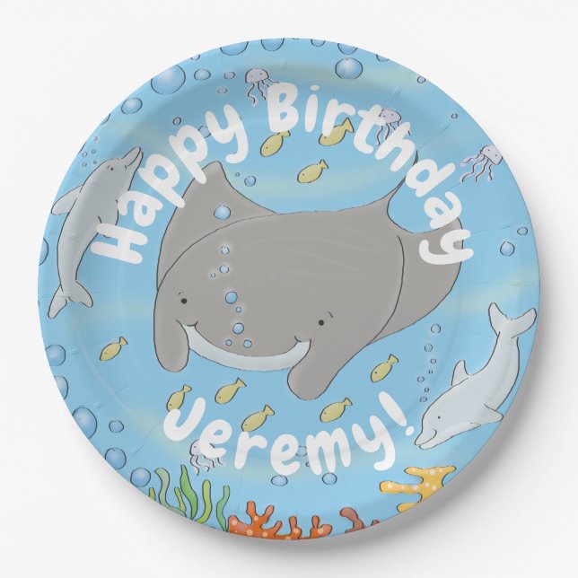 Cute manta ray and bubbles cartoon illustration paper plates (Front)