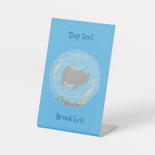 Cute manta ray and bubbles cartoon illustration pedestal sign