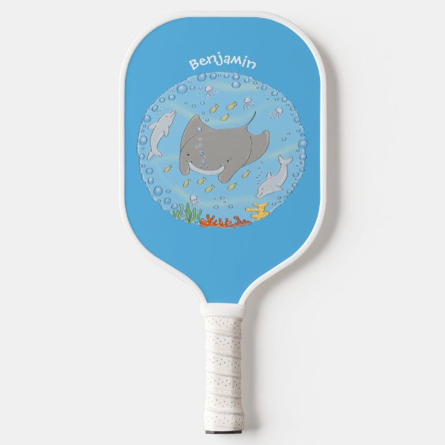 Cute manta ray and bubbles cartoon illustration pickleball paddle (Front)