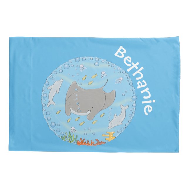 Cute manta ray and bubbles cartoon illustration pillow case (Back)